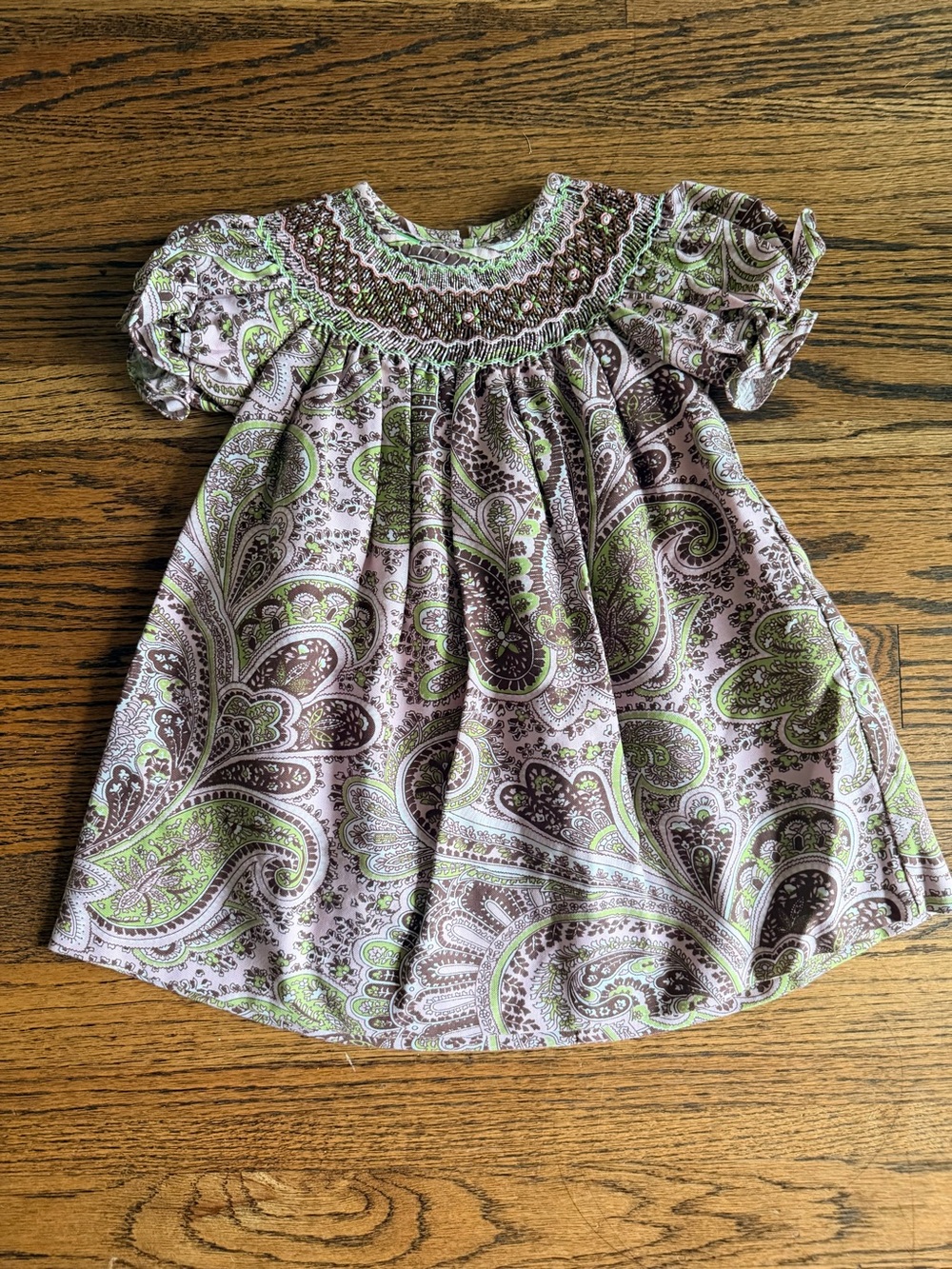 Classic Whimsy Smocked Paisley Baby Dress in Lavender, Brown & Lime, Size 12M